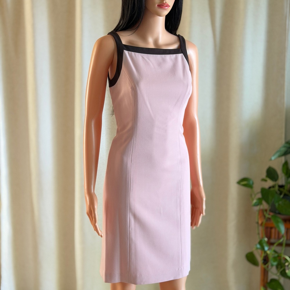 Vtg 90s Y2K INC Pink Sheath Dress Brown Trim Square Neck 2 Pastel Mod Minimalist